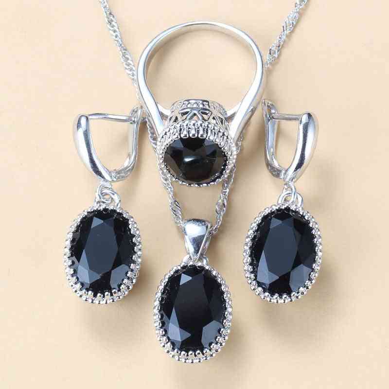 Smyckesset i silver i punkstil - svart cubic zirkon dinglar/örhängen/halsband och ring 8-färgsbröllopsset