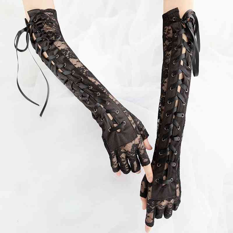 Black Lace Up Fingerless Gloves Elbow Steampunk For Women's