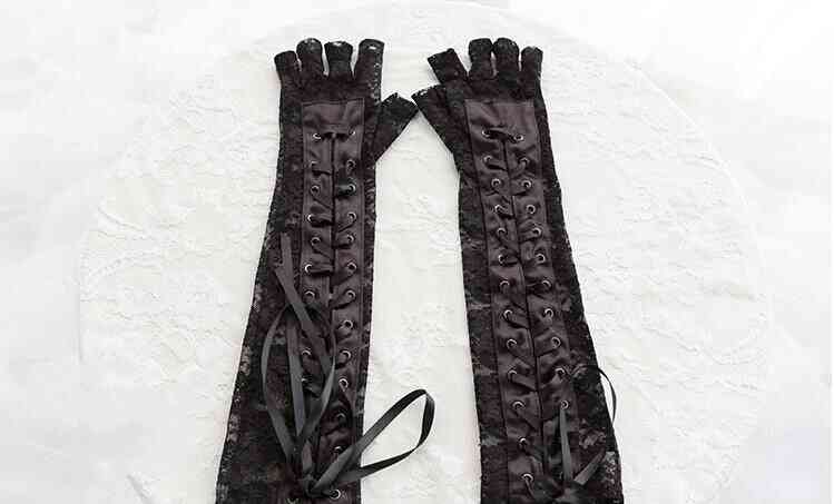 Svarta spetsar fingerlösa handskar armbåge steampunk för kvinnor