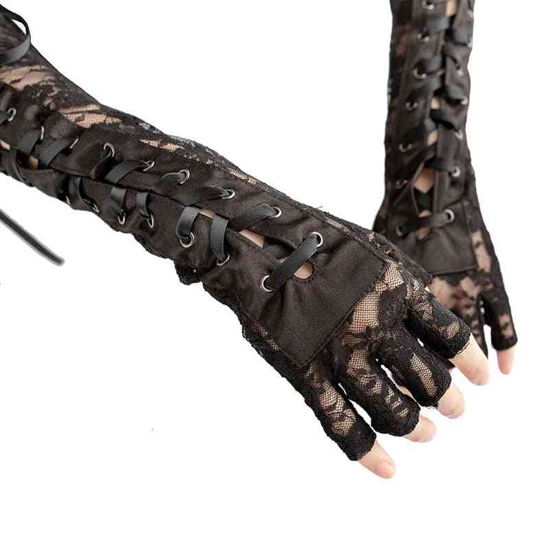 Black Lace Up Fingerless Gloves Elbow Steampunk For Women's