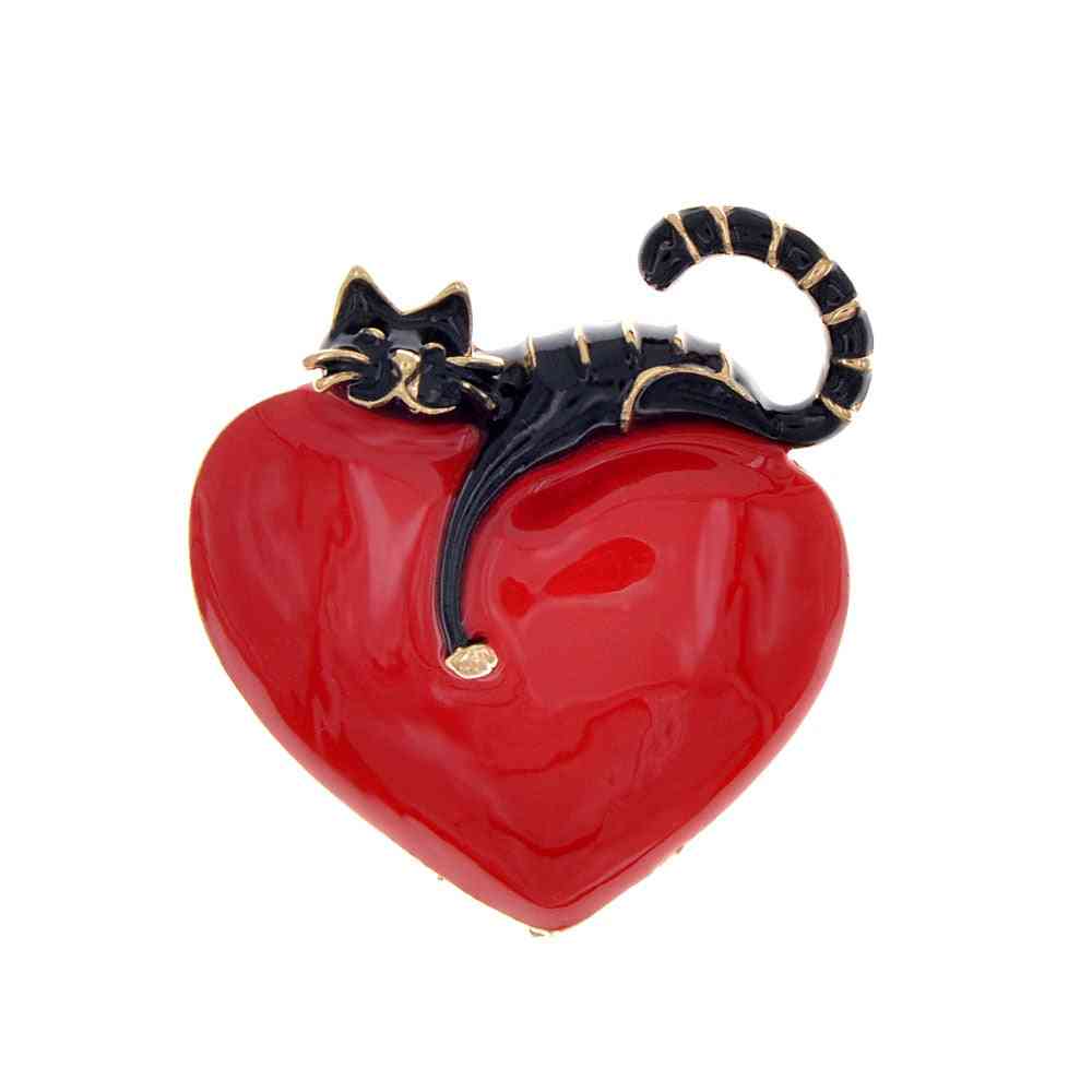 Enamel Heart And Cat Brooch Cute Kitty Pin Vivid Animal Brooches