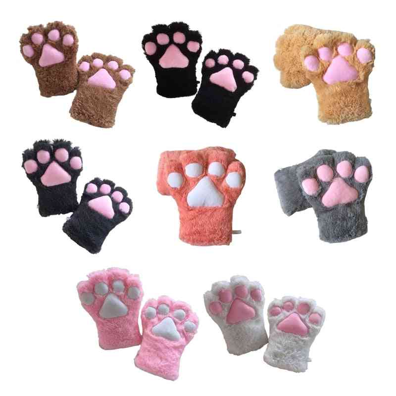 Winter Warm Full Finger Gloves, Cute Cartoon Cat Paw Thicken Fuzzy Plush Mittens
