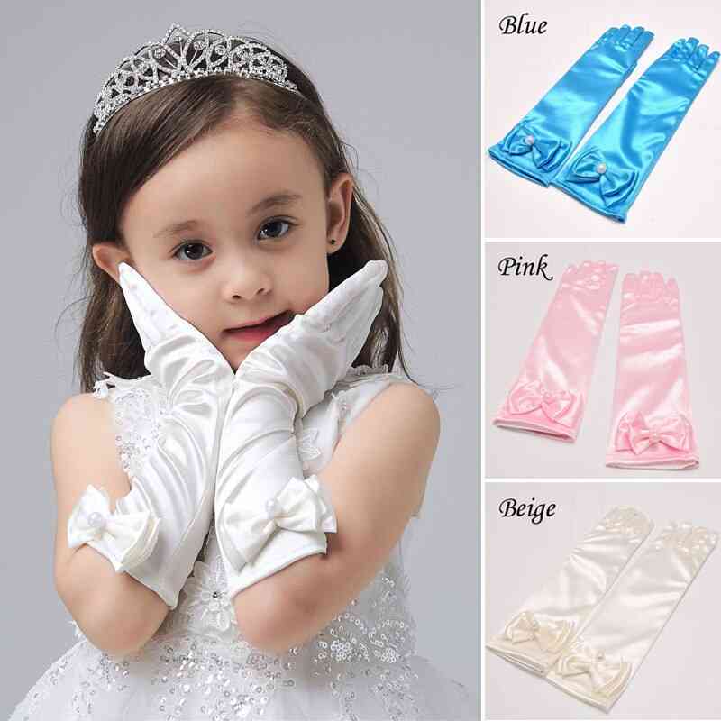 Long Stretch Satin  White Pearl Bow Gloves