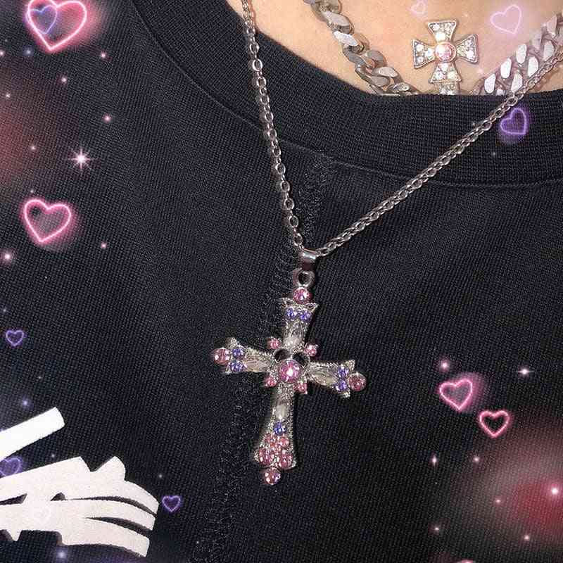 New Gothic Style Cross Necklace Pendant Pink Color Zircon
