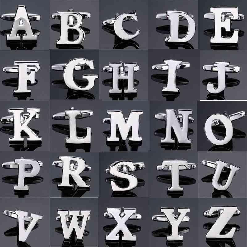 De nye høykvalitets messingbelagte mansjettknapper med 26 bokstaver az sølvfargede bokstaver for menn