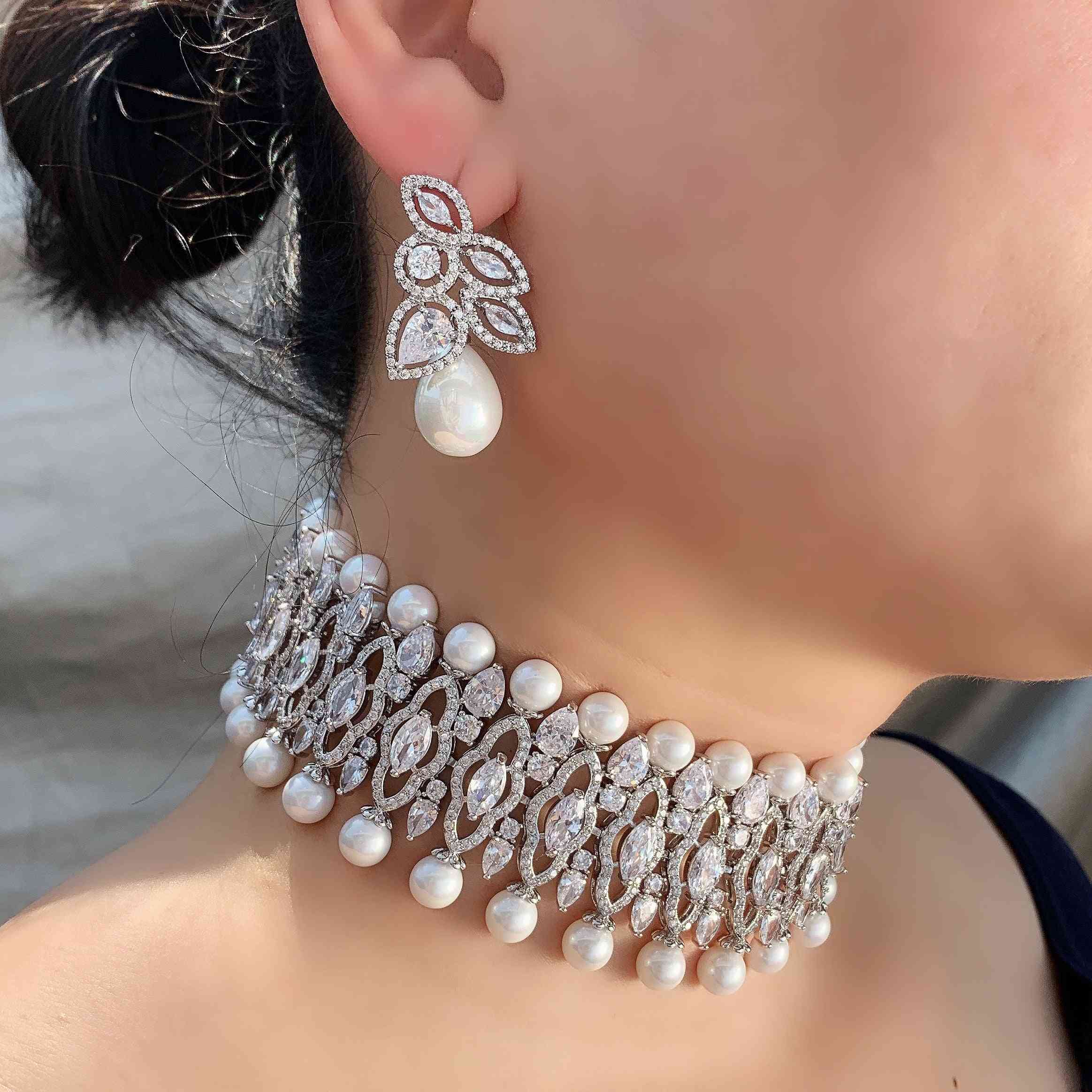 White Pearl Dubai Jewellery, Bridal Wedding Choker Jewelry Sets For Women