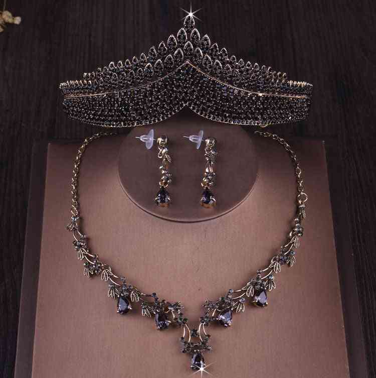 Baroque Vintage Gold Black Crystal Heart Bridal Jewelry Sets Rhinestone Crown