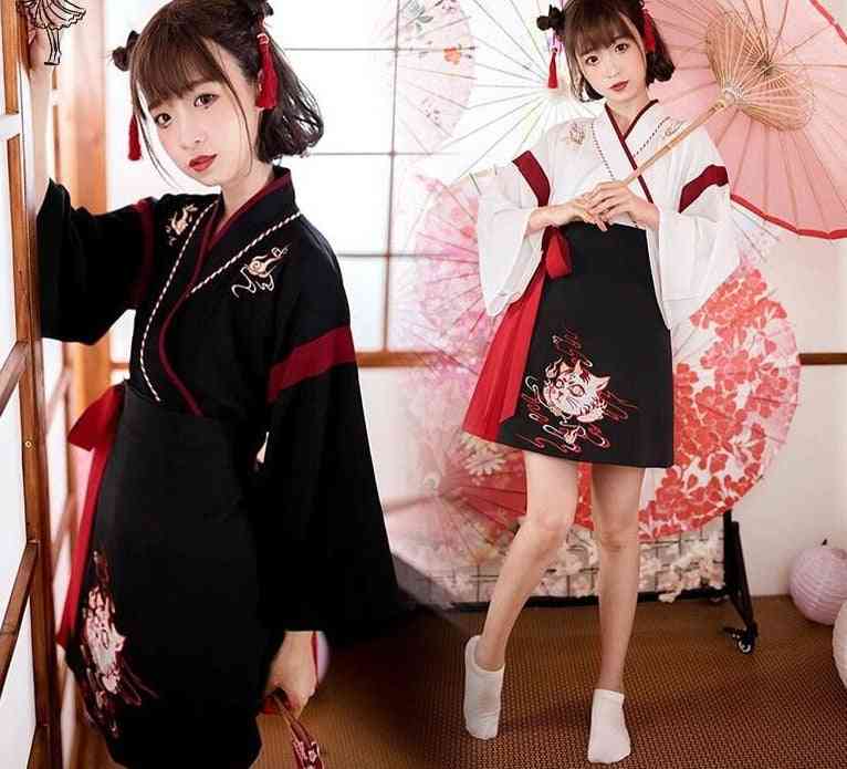 Women Black White Cat Embroidery Skirts Vintage Asian Clothing