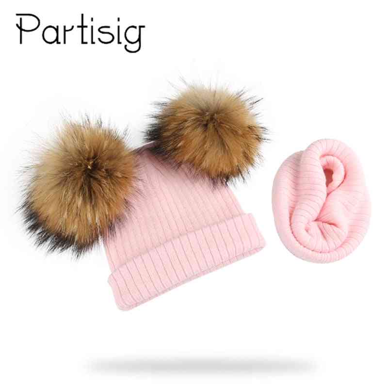 Natural Raccoon Fur Double Pompon Hat And Scarf