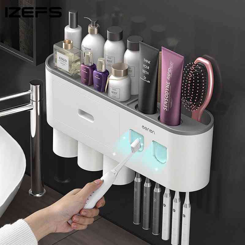 Vægmonteret tandbørsteholder med 2 tandpasta dispenser
