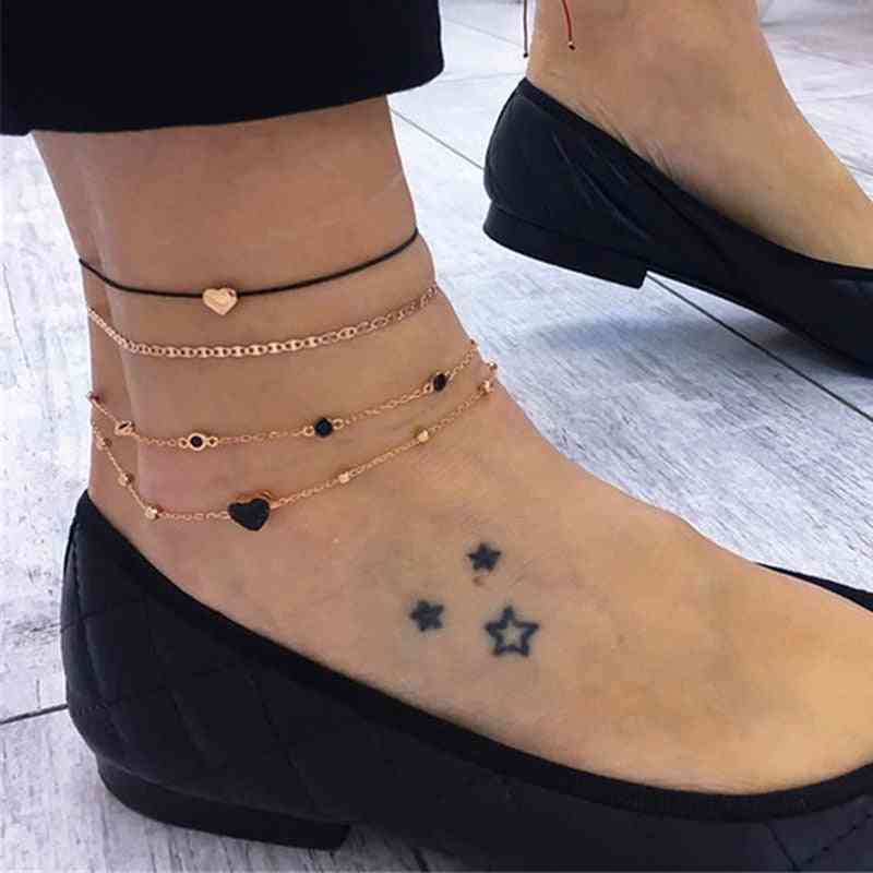 Gold Color Heart Black Rhinestone Layered Anklets For Women