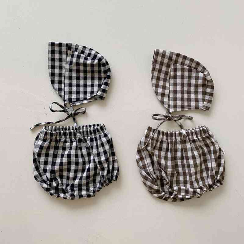 Summer Baby Shorts Plaid Cotton Bloomers Hat Set Diaper Cover