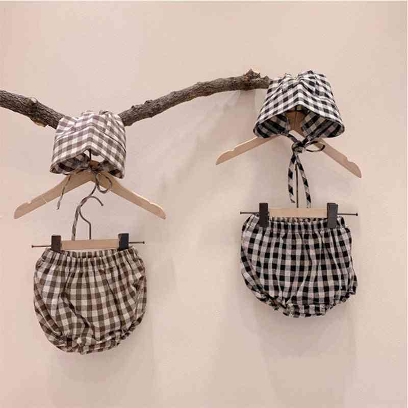 Summer Baby Shorts Plaid Cotton Bloomers Hat Set Diaper Cover