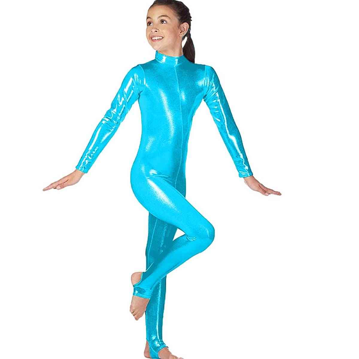 Shiny Spandex Bodysuit Metallic Long Sleeve Gymnastics Sportswear