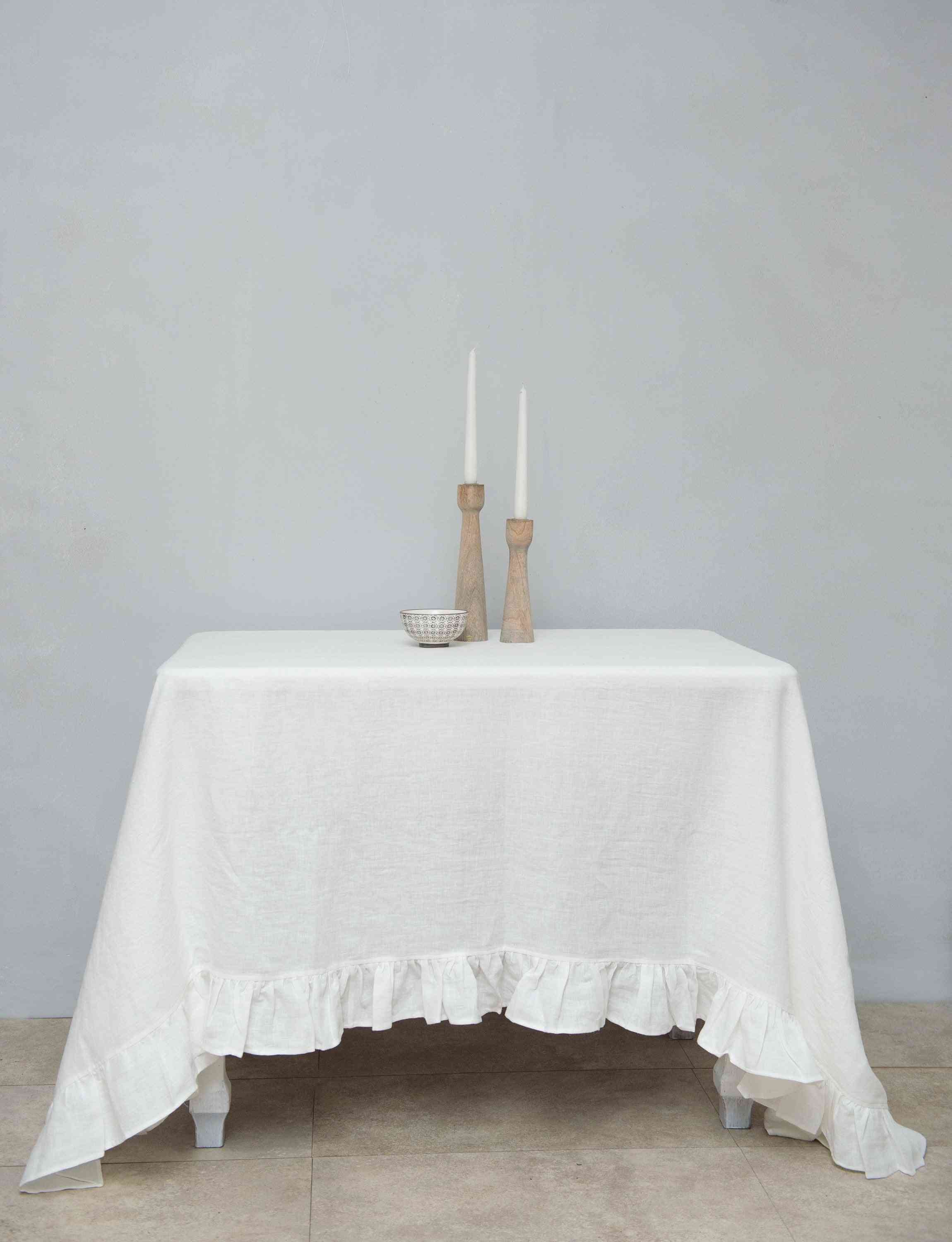 White Linen Tablecloth With Ruffles