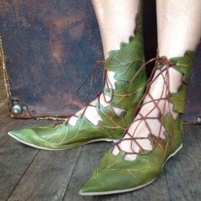 Women Gothic Medieval Retro  Leaves Lace Up Shoes Cosplay Costume