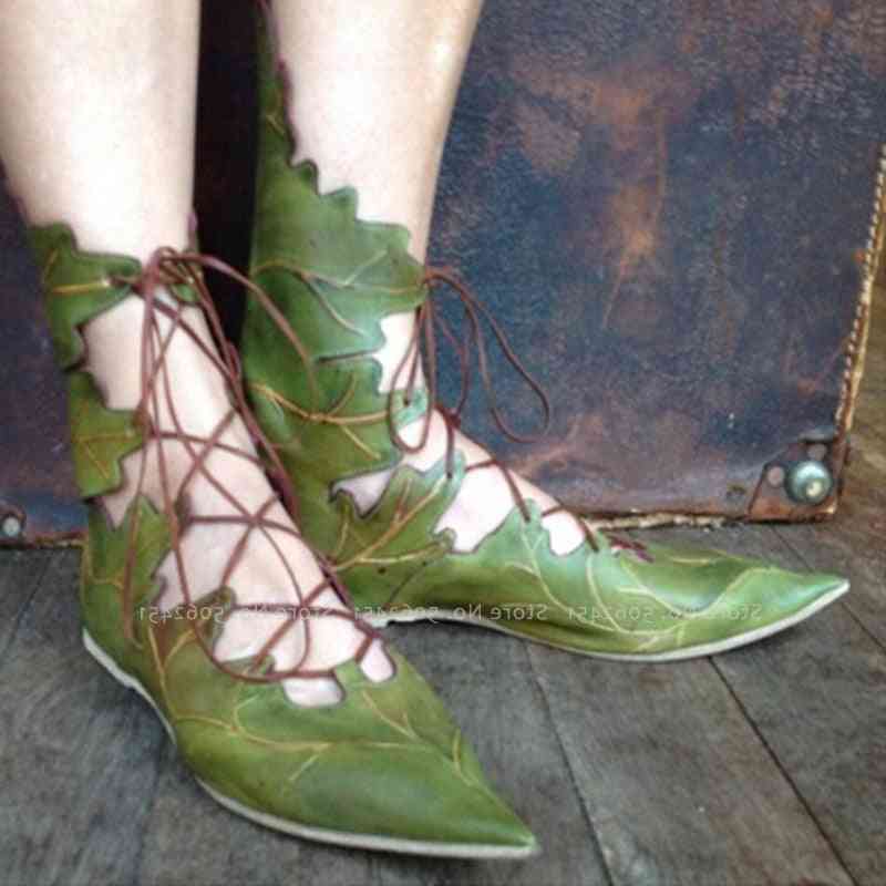 Naisten goottilainen keskiaikainen retro lehdet nauhat kengät cosplay puku