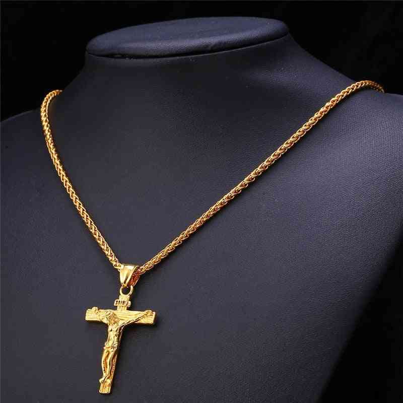 Religious Jesus Cross Necklace For Men Fashion Gold Color Cross Pendent With Chain Necklace Jewelry For Men