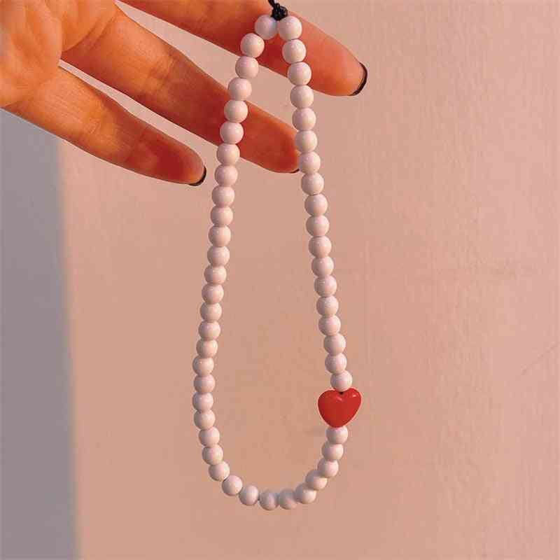Simple And Romantic White Round Beads Red Love Heart-shaped