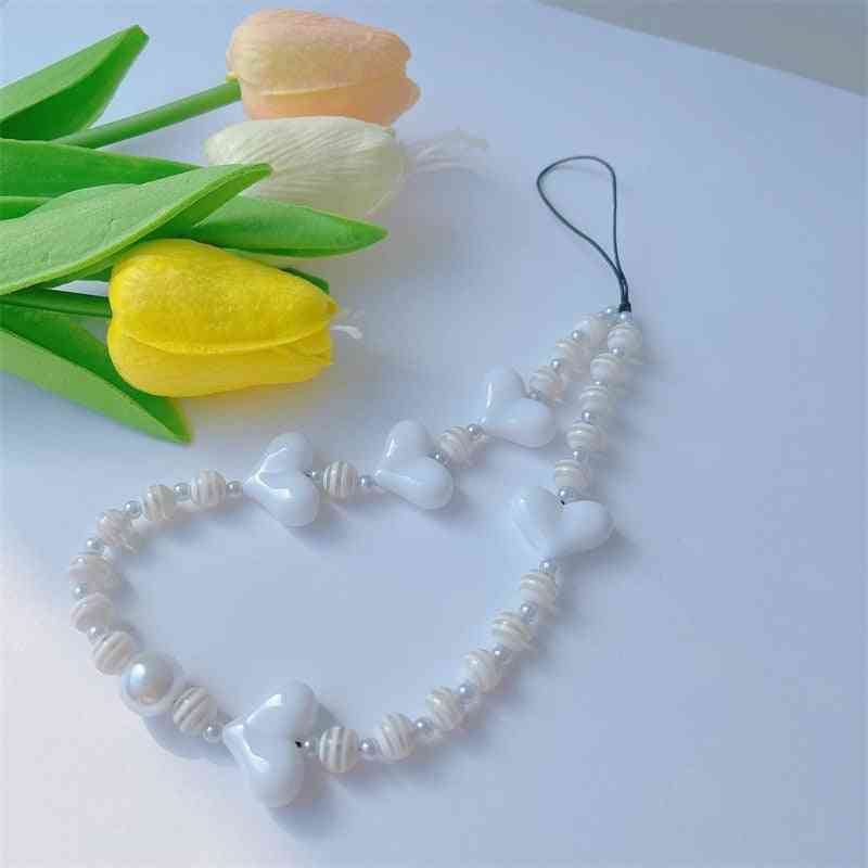Mode vit harts randiga pärlor hjärtformad mobiltelefon kedja