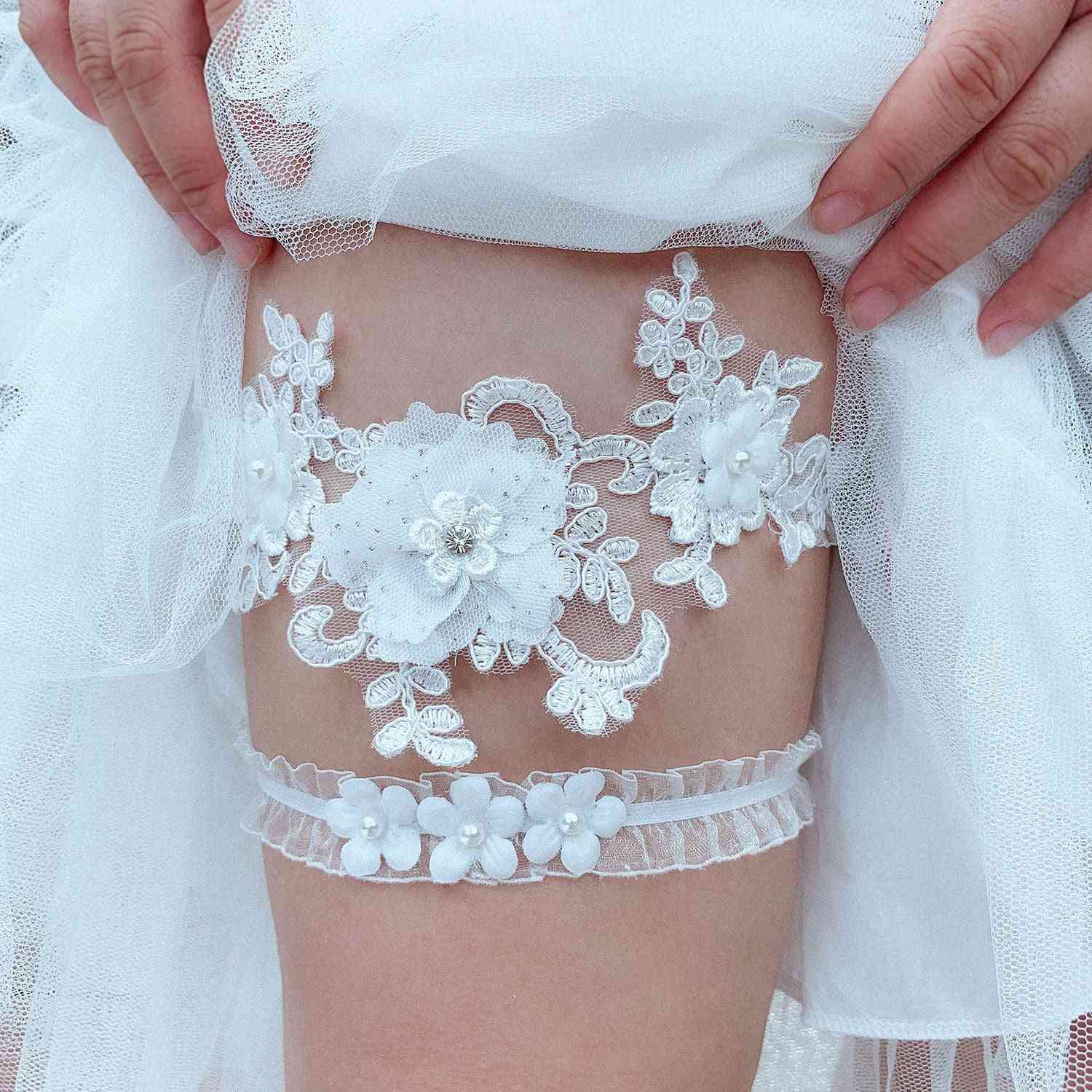 Lace Flower Rhinestones Pearls Wedding Garter Belt