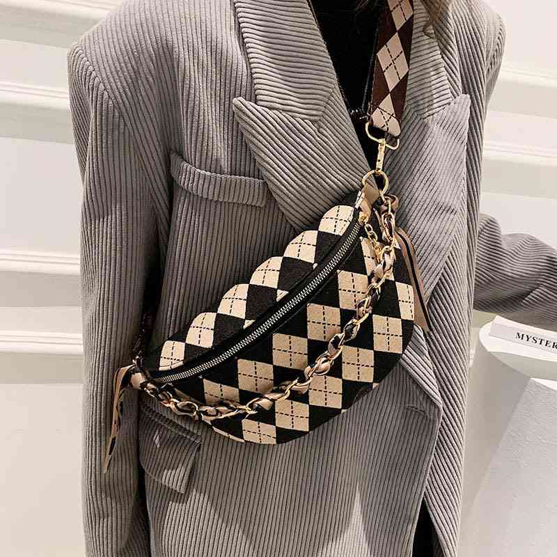 Plaid Brand Fanny Packs Women Canvas Chain Waist Bag Lady Phone Purses