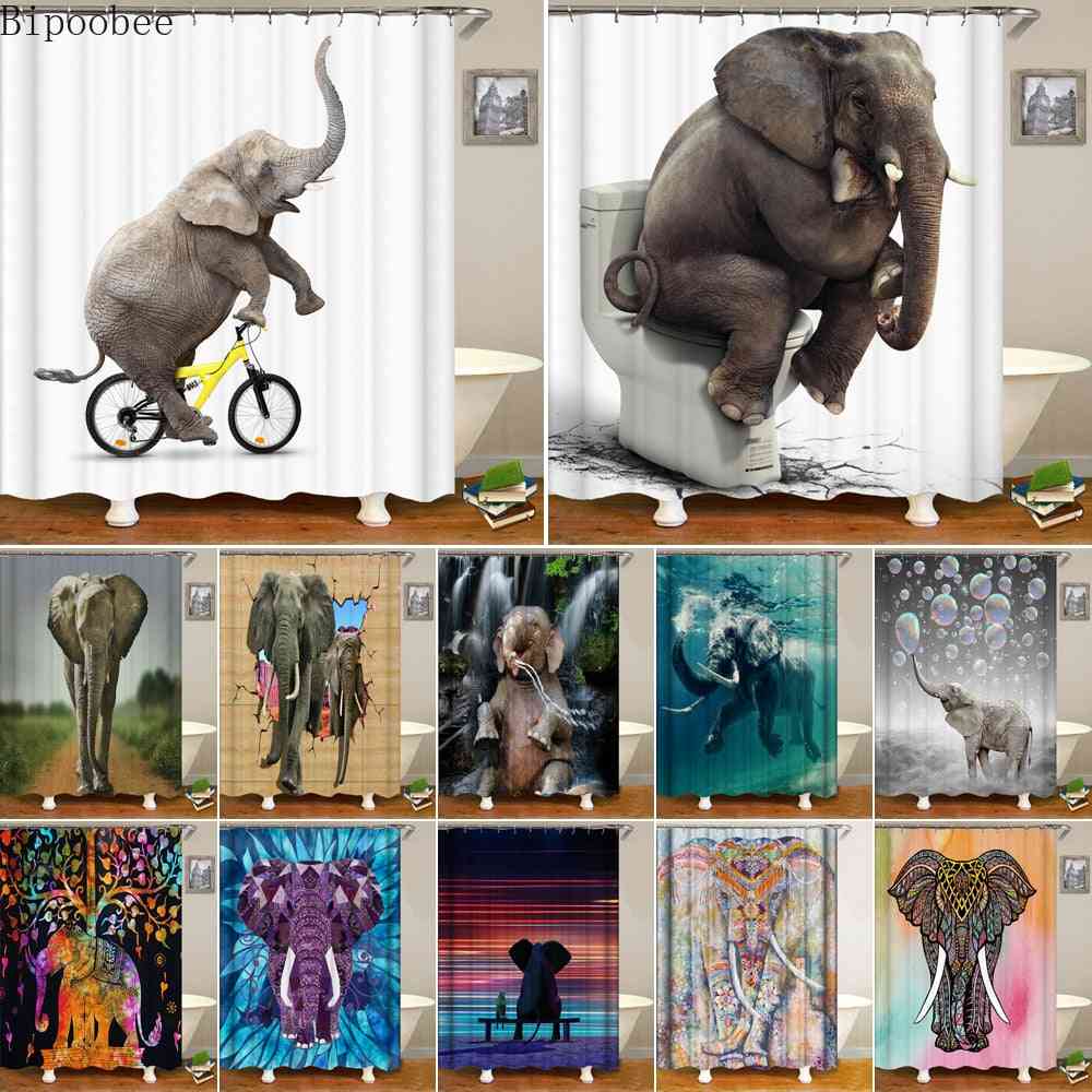 Lovely Riding A Bike Elephant Fabric Shower Curtains With 12 Hooks