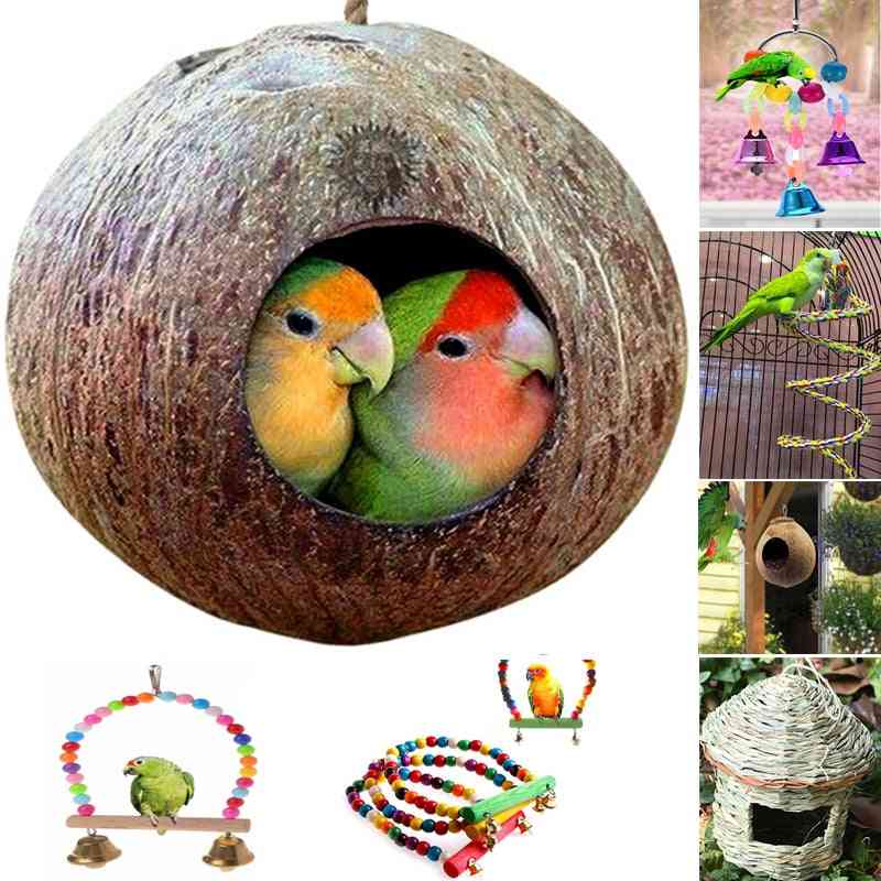 Natural Coconut Shell-bird Nesting House With Hanging Lanyard