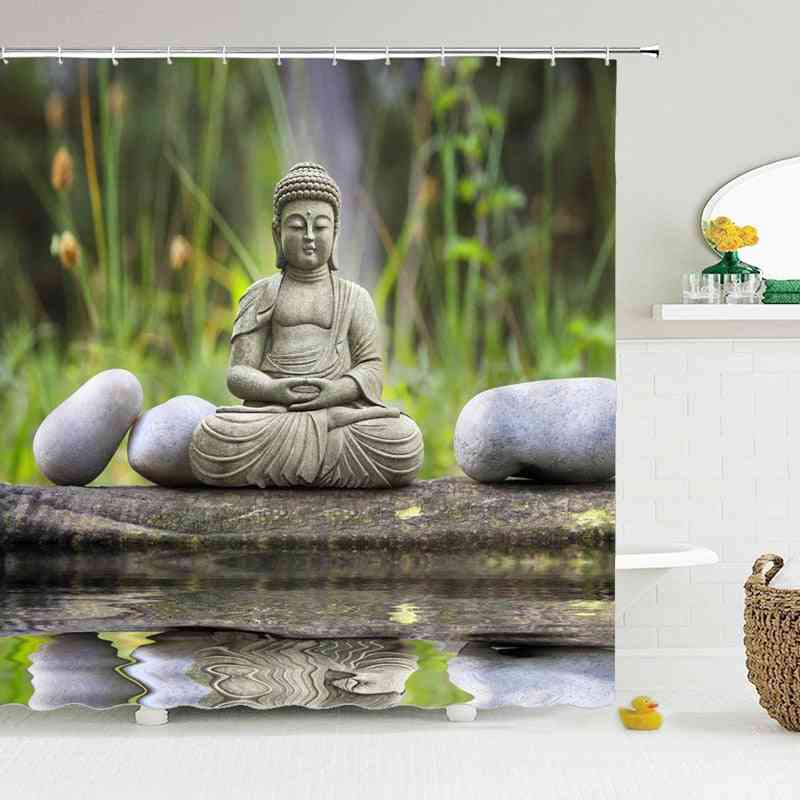 3d Water Green Bamboo Buddha Shower Curtains - Set B