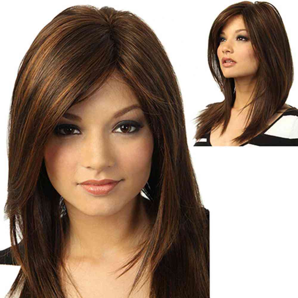 Women Dark Brown Long Straight Partial Bangs Full Wig