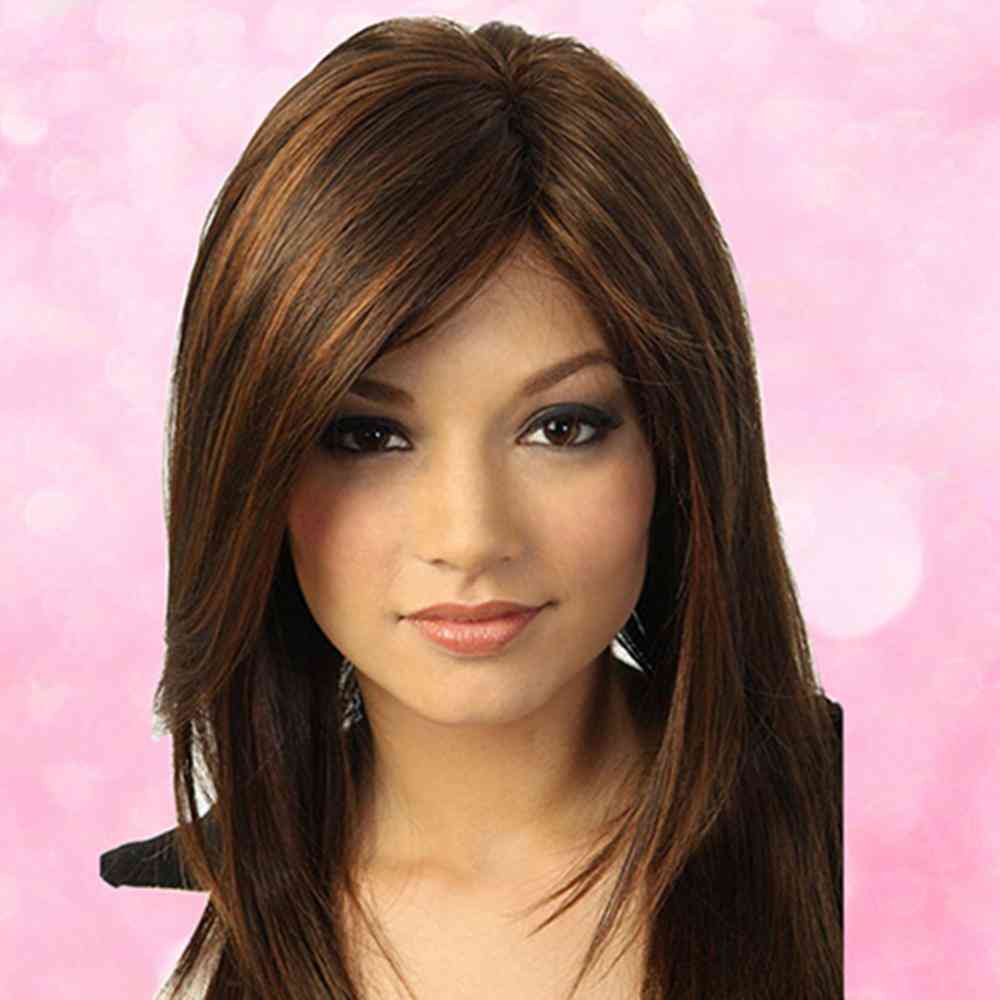Women Dark Brown Long Straight Partial Bangs Full Wig
