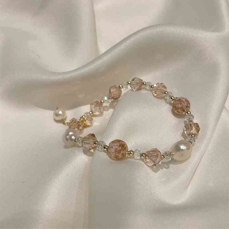Fashion Pink Crystal Beads Bracelet Elastic Rope Charm