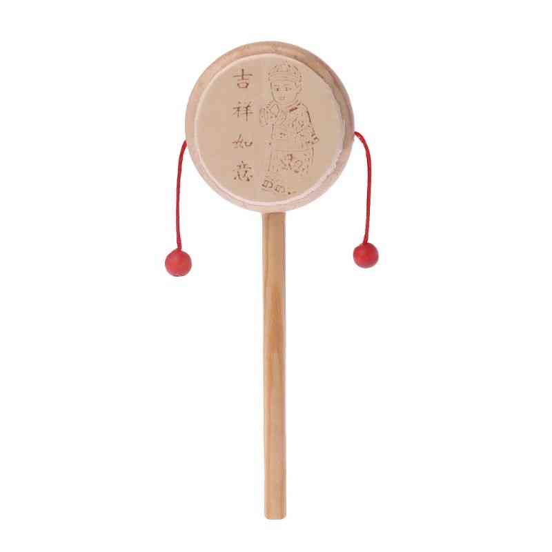 Wood Cartoon Chinese Traditional Spinning Rattle Drum Hand Bell Toy