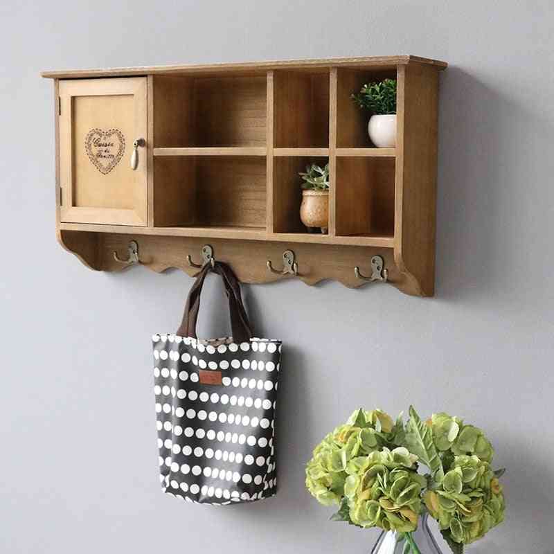 Wall Mount Wood Shelves Cabinet With Hooks