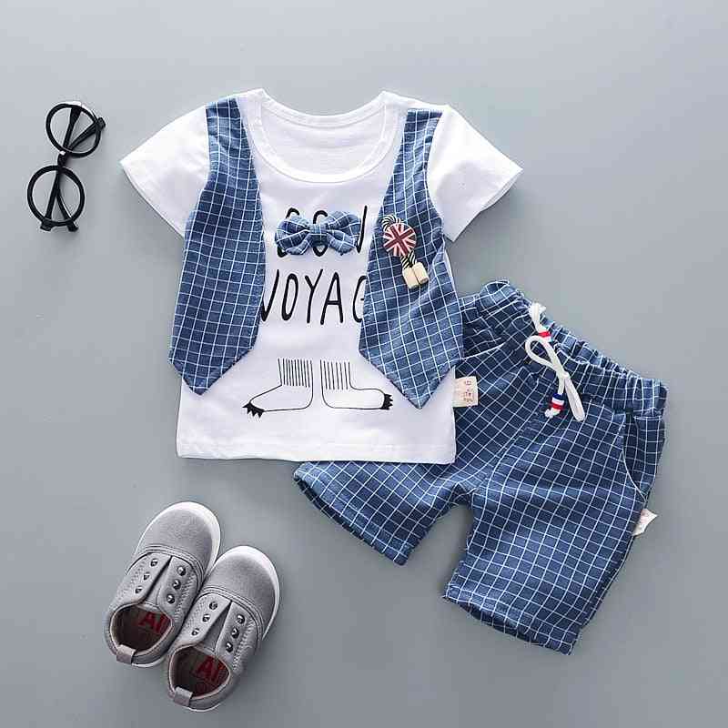 Summer Baby Clothing Sets Cartoon Lattice Tie T-shirt Boy Clothes