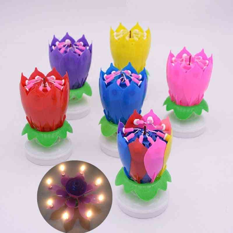 Party Cake Topper Musical Lotus Flower Rotating Happy Birthday Candle