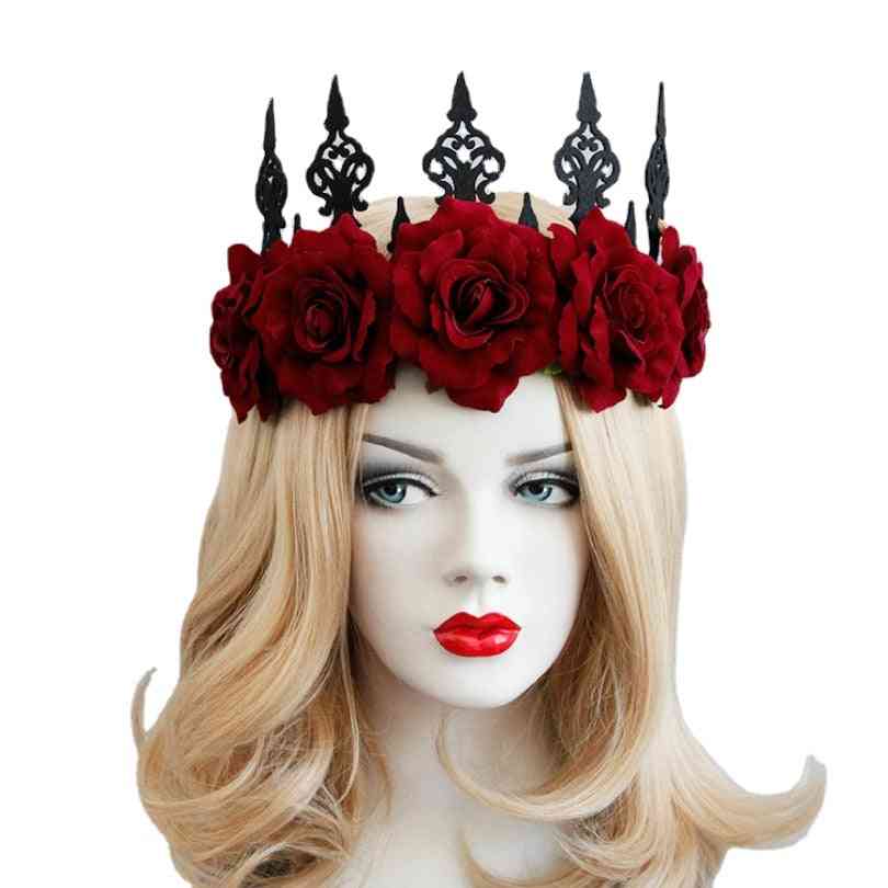 Red Rose Flower Hair Jewelry Crown Tiara For Gothic Female Wedding Hair Accessories