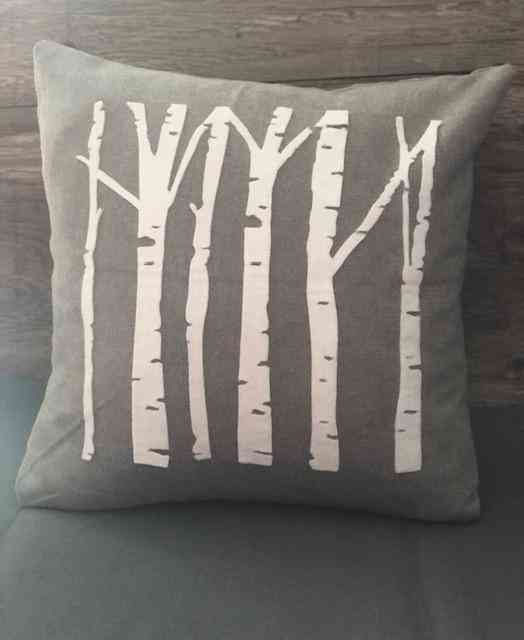 Grey Chenille Pillow With Wool Felt Birch Trees