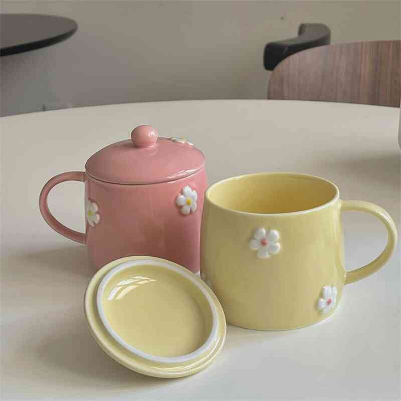 Nordic Cute Ceramic Mug Cute Flower Milk Cups With Lid Ceramic Coffee Cup