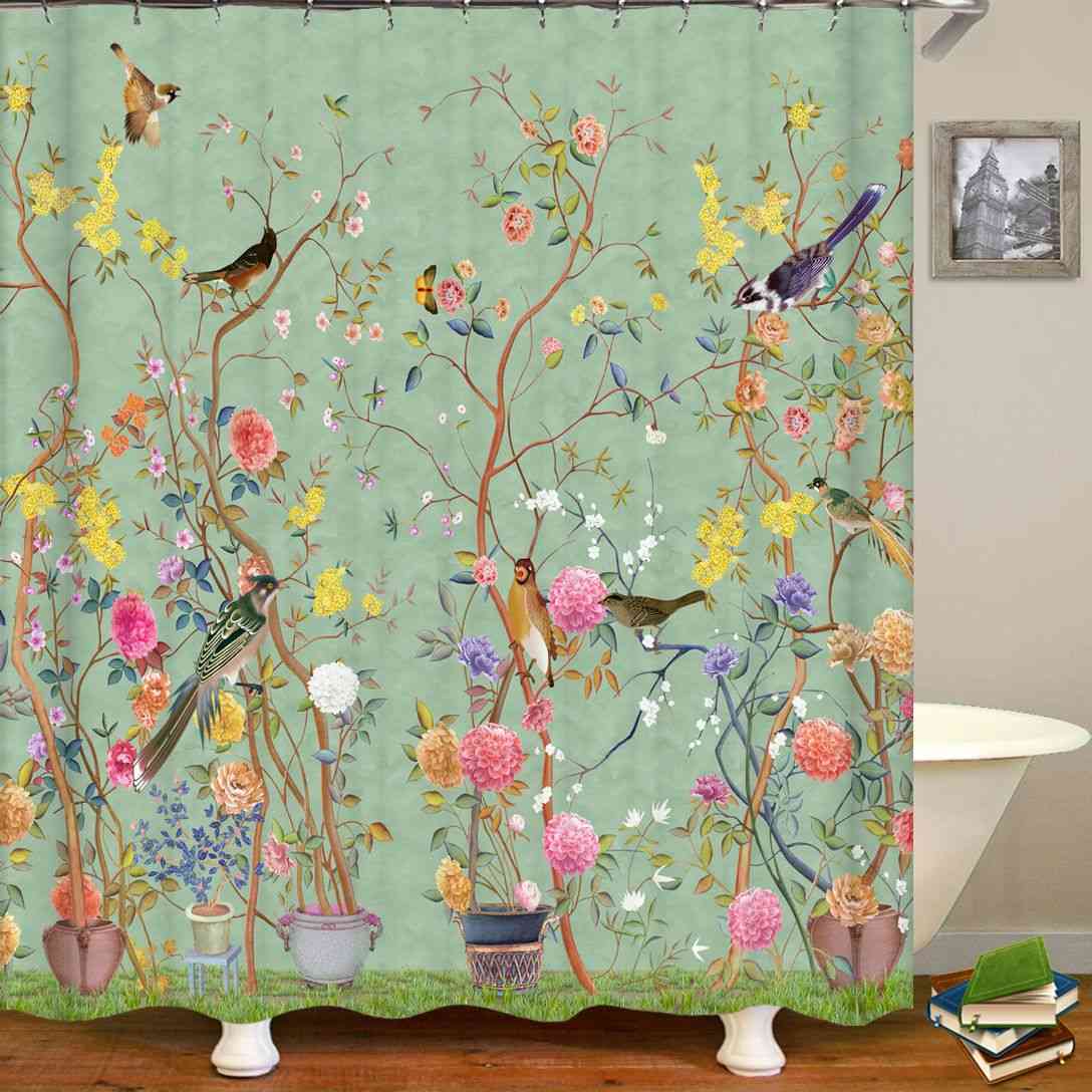 Chinese Style Flower And Birds Tree Shower Curtains - Set B