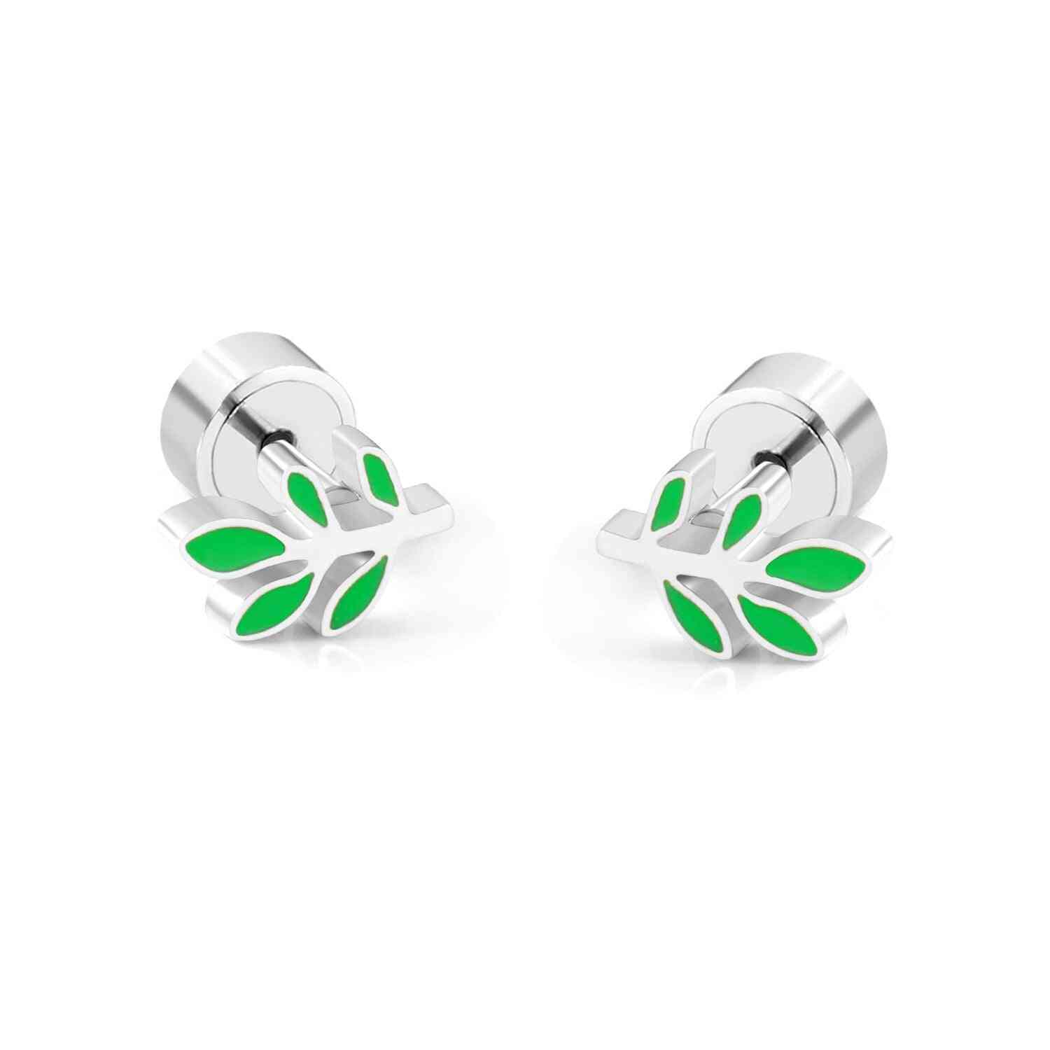 Stainless Steel Green Flower Leaf Cartoon Small Earrings For Girl