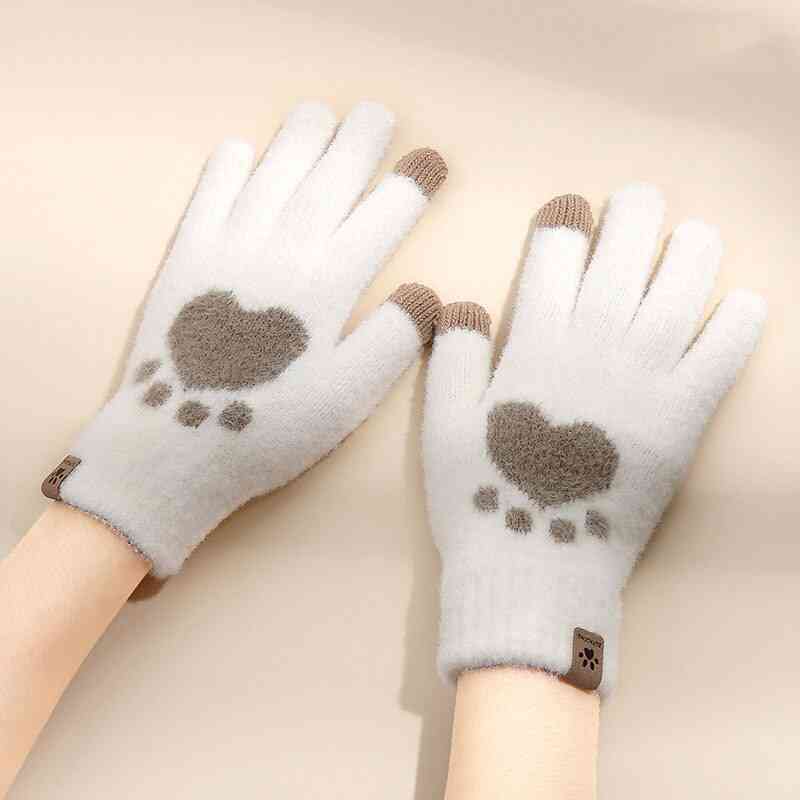 Cute Heart Print Knitted Warm Women Gloves