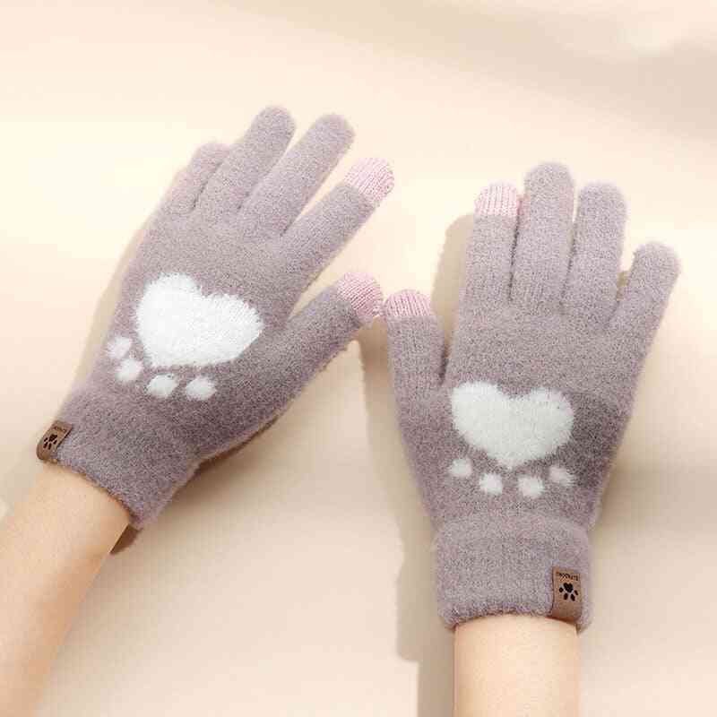 Cute Heart Print Knitted Warm Women Gloves