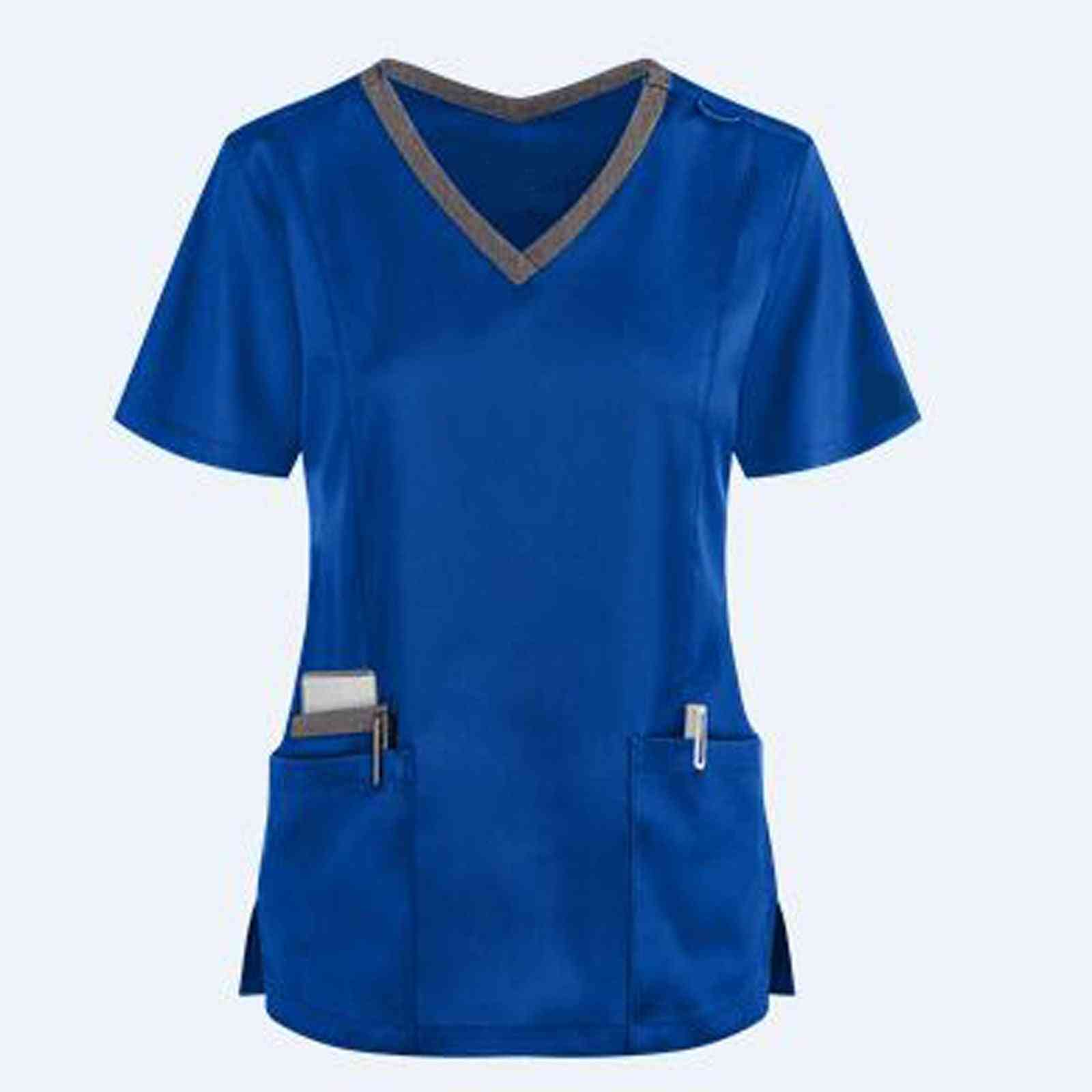 Women's Pocket Nursing Uniform Short Sleeve V-neck Scrubs